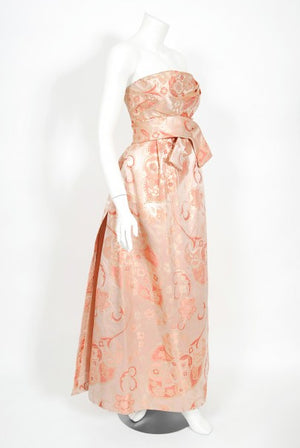 1963 Pierre Balmain Couture Documented Metallic Pink Silk Strapless Gown