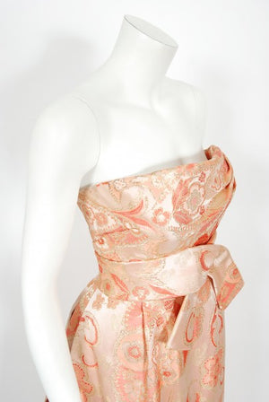 1963 Pierre Balmain Couture Documented Metallic Pink Silk Strapless Gown