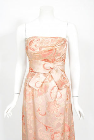 1963 Pierre Balmain Couture Documented Metallic Pink Silk Strapless Gown