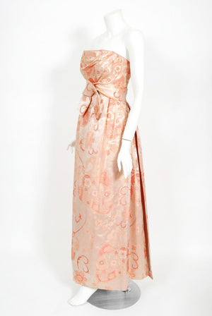 1963 Pierre Balmain Couture Documented Metallic Pink Silk Strapless Gown