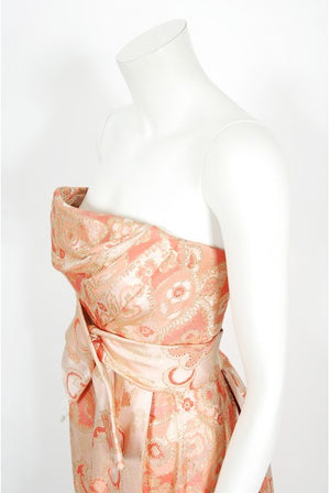 1963 Pierre Balmain Couture Documented Metallic Pink Silk Strapless Gown