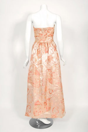 1963 Pierre Balmain Couture Documented Metallic Pink Silk Strapless Gown