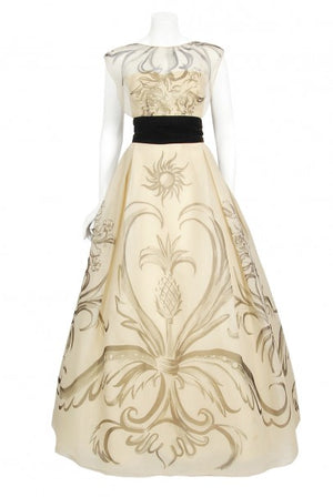 1950's Hattie Carnegie Couture Whimsical Hand Painted Cream Silk Gown