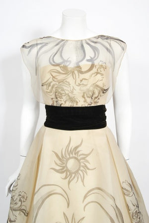 1950's Hattie Carnegie Couture Whimsical Hand Painted Cream Silk Gown