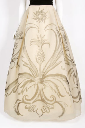 1950's Hattie Carnegie Couture Whimsical Hand Painted Cream Silk Gown