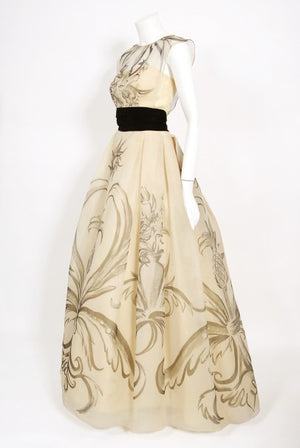 1950's Hattie Carnegie Couture Whimsical Hand Painted Cream Silk Gown