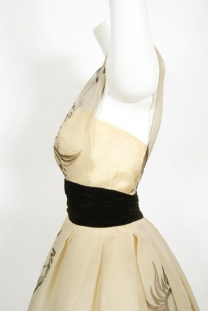 1950's Hattie Carnegie Couture Whimsical Hand Painted Cream Silk Gown