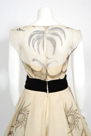 1950's Hattie Carnegie Couture Whimsical Hand Painted Cream Silk Gown