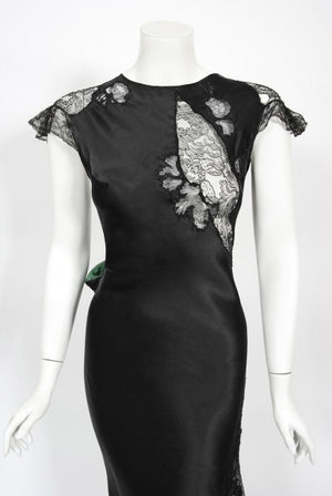 1930's Black Silk & Sheer Lace Cut Outs Hourglass Bias-Cut Trained Gown