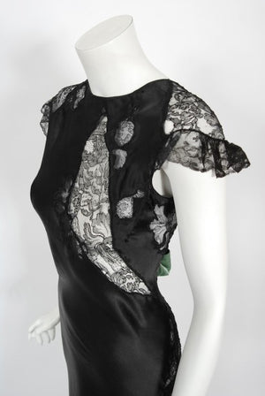 1930's Black Silk & Sheer Lace Cut Outs Hourglass Bias-Cut Trained Gown
