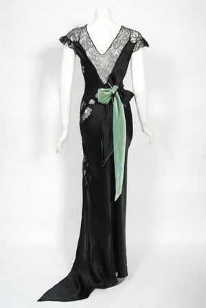 1930's Black Silk & Sheer Lace Cut Outs Hourglass Bias-Cut Trained Gown