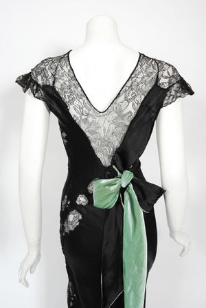 1930's Black Silk & Sheer Lace Cut Outs Hourglass Bias-Cut Trained Gown