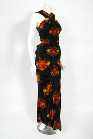 1930's Lewis Aronson Couture Floral Ruched Silk Velvet Bias-Cut Gown