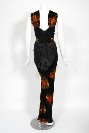 1930's Lewis Aronson Couture Floral Ruched Silk Velvet Bias-Cut Gown