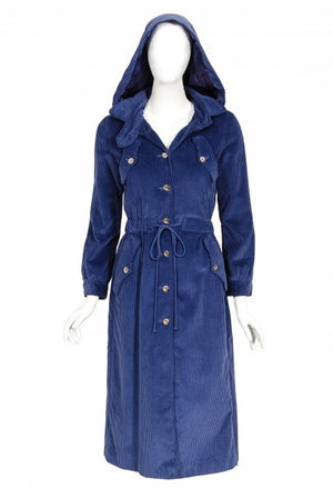 1970s Courrèges Navy Blue Corduroy Waist-Tie Detachable Hood Jacket Coat