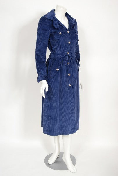 1970s Courrèges Navy Blue Corduroy Waist-Tie Detachable Hood Jacket Coat