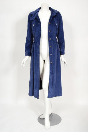 1970s Courrèges Navy Blue Corduroy Waist-Tie Detachable Hood Jacket Coat