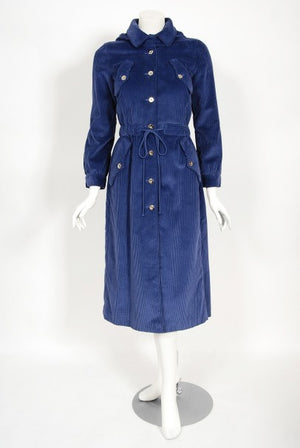 1970s Courrèges Navy Blue Corduroy Waist-Tie Detachable Hood Jacket Coat