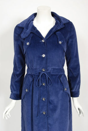 1970s Courrèges Navy Blue Corduroy Waist-Tie Detachable Hood Jacket Coat