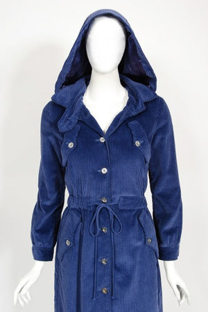 1970s Courrèges Navy Blue Corduroy Waist-Tie Detachable Hood Jacket Coat