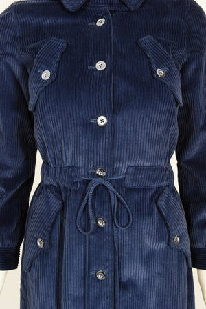 1970s Courrèges Navy Blue Corduroy Waist-Tie Detachable Hood Jacket Coat