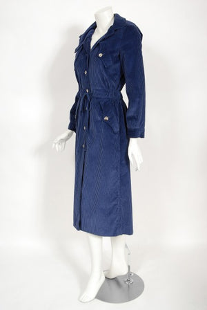 1970s Courrèges Navy Blue Corduroy Waist-Tie Detachable Hood Jacket Coat