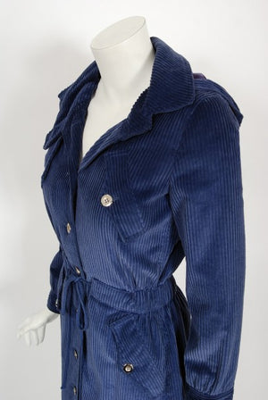 1970s Courrèges Navy Blue Corduroy Waist-Tie Detachable Hood Jacket Coat