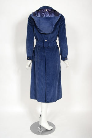 1970s Courrèges Navy Blue Corduroy Waist-Tie Detachable Hood Jacket Coat