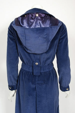 1970s Courrèges Navy Blue Corduroy Waist-Tie Detachable Hood Jacket Coat
