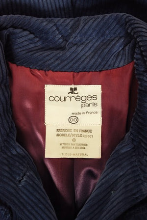 1970s Courrèges Navy Blue Corduroy Waist-Tie Detachable Hood Jacket Coat