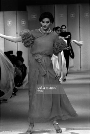 1984 Chanel by Karl Lagerfeld Runway Red Silk Chiffon Ruffle-Sleeve Gown