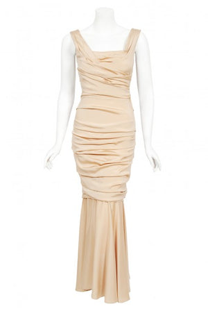 2013 Dolce & Gabbana Naked Nude Ruched Stretch Silk Hourglass Mermaid Gown