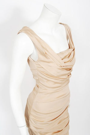 2013 Dolce & Gabbana Naked Nude Ruched Stretch Silk Hourglass Mermaid Gown