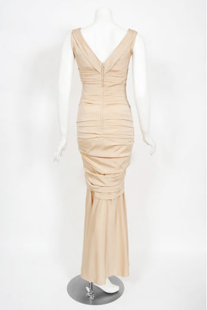 2013 Dolce & Gabbana Naked Nude Ruched Stretch Silk Hourglass Mermaid Gown