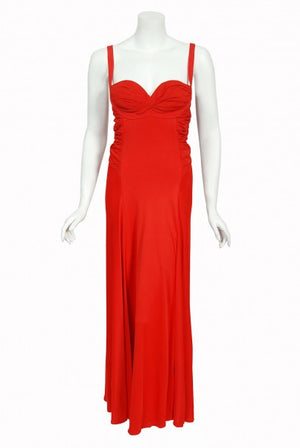 1993 Gianni Versace Couture Red Silk Jersey Bustier High-Slits Gown