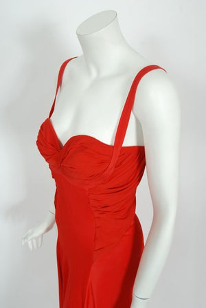 1993 Gianni Versace Couture Red Silk Jersey Bustier High-Slits Gown