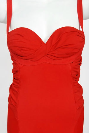 1993 Gianni Versace Couture Red Silk Jersey Bustier High-Slits Gown