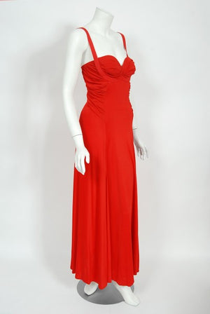 1993 Gianni Versace Couture Red Silk Jersey Bustier High-Slits Gown
