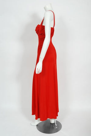 1993 Gianni Versace Couture Red Silk Jersey Bustier High-Slits Gown