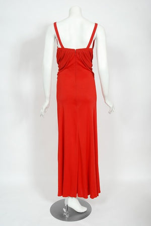 1993 Gianni Versace Couture Red Silk Jersey Bustier High-Slits Gown