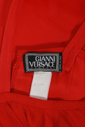 1993 Gianni Versace Couture Red Silk Jersey Bustier High-Slits Gown