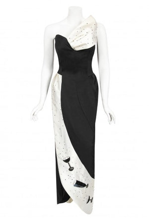 1980's Tan Giudicelli Black & White Novelty 'Champagne Glasses' Strapless Gown