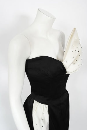 1980's Tan Giudicelli Black & White Novelty 'Champagne Glasses' Strapless Gown