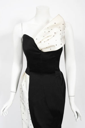 1980's Tan Giudicelli Black & White Novelty 'Champagne Glasses' Strapless Gown