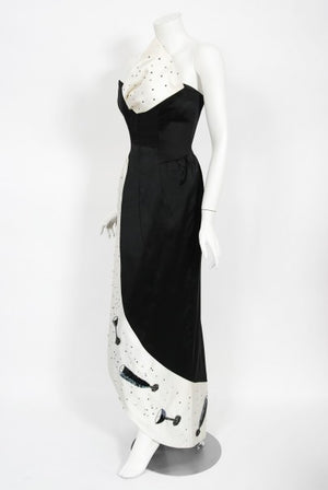 1980's Tan Giudicelli Black & White Novelty 'Champagne Glasses' Strapless Gown