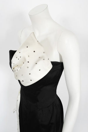 1980's Tan Giudicelli Black & White Novelty 'Champagne Glasses' Strapless Gown