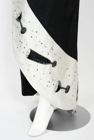 1980's Tan Giudicelli Black & White Novelty 'Champagne Glasses' Strapless Gown