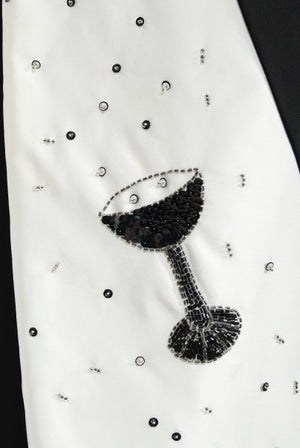 1980's Tan Giudicelli Black & White Novelty 'Champagne Glasses' Strapless Gown