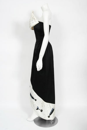 1980's Tan Giudicelli Black & White Novelty 'Champagne Glasses' Strapless Gown