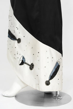 1980's Tan Giudicelli Black & White Novelty 'Champagne Glasses' Strapless Gown